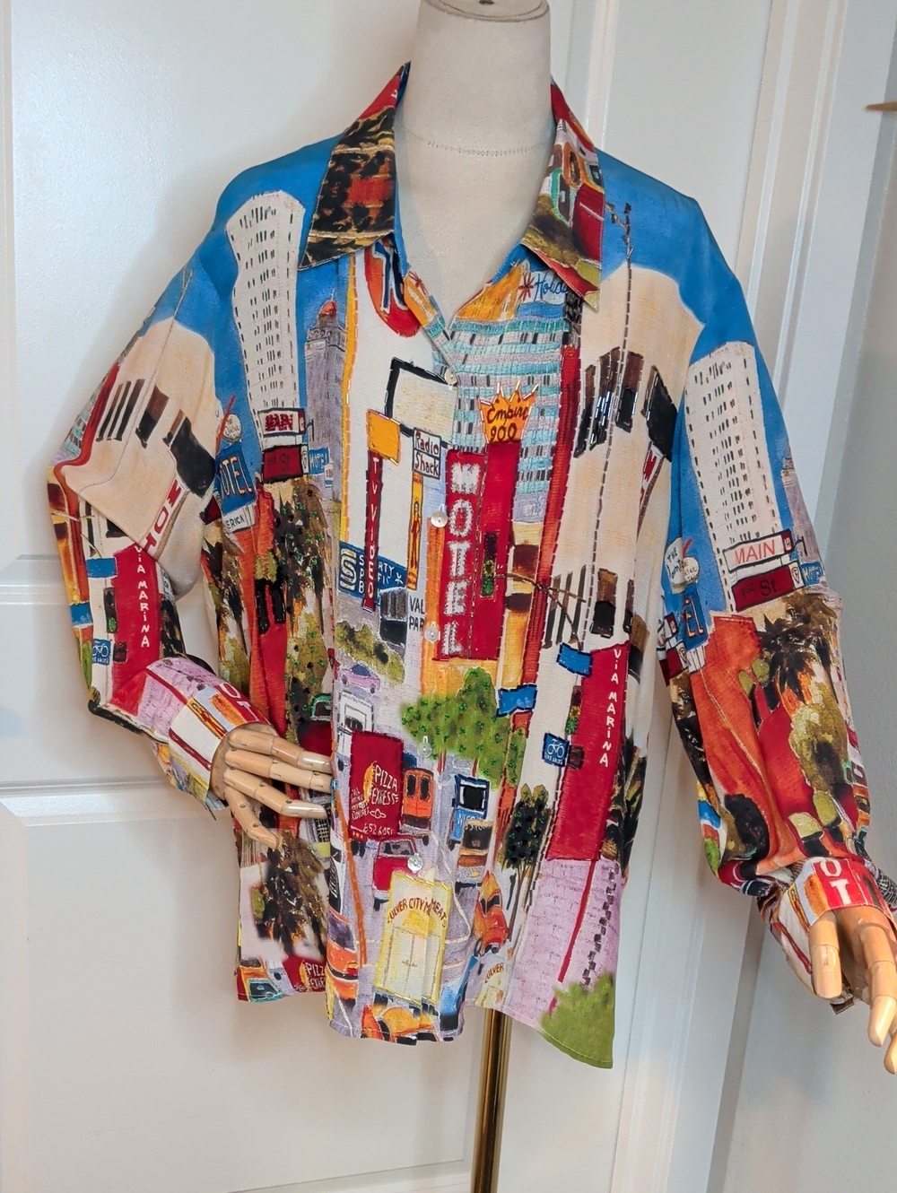 Vintage 80s Nicole Taylor Silk Blouse Retro Beaded City Pattern XL